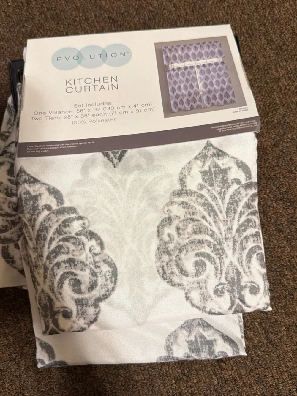 Revolution Gray and White Damask Kitchen Curtain Set